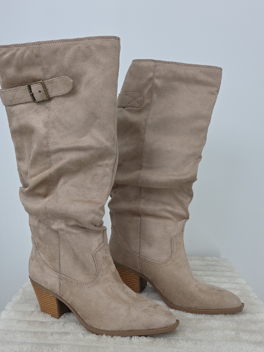 Journee Collection Taupe Suede Slouch Mid-Calf Heeled Boots